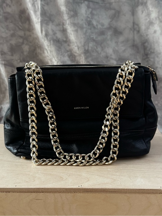 Karen Millen Handbags - Karen Millen Black Leather Shoulder Bag with Gold Chain Straps and Dust Bag
